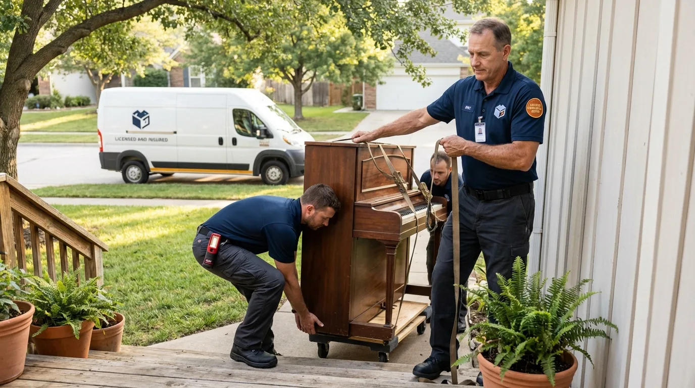 Licensed piano movers securing grand piano in Paris, ME