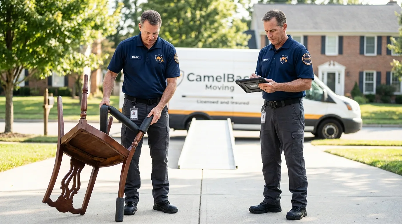 Movers inspecting furniture for damage prevention before loading in Paris, ME