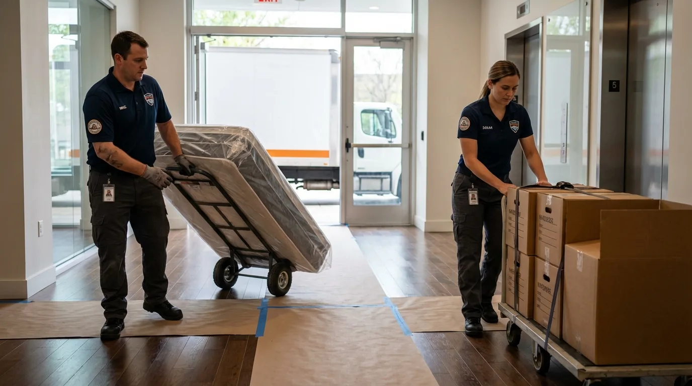 Professional apartment movers loading elevator in Paris, ME